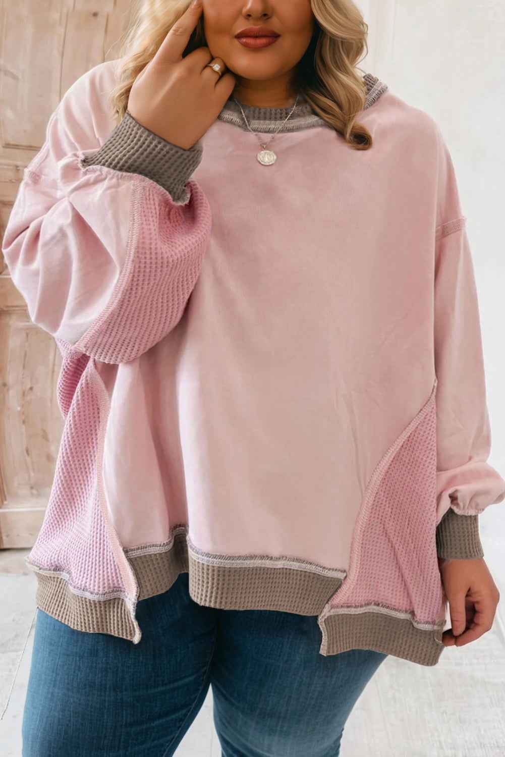 Light Pink Plus Color Block Waffle Patchwork Exposed Seam Baggy Sweatshirt Light Pink 65%Polyester+35%Cotton 23979c15e6b54d97