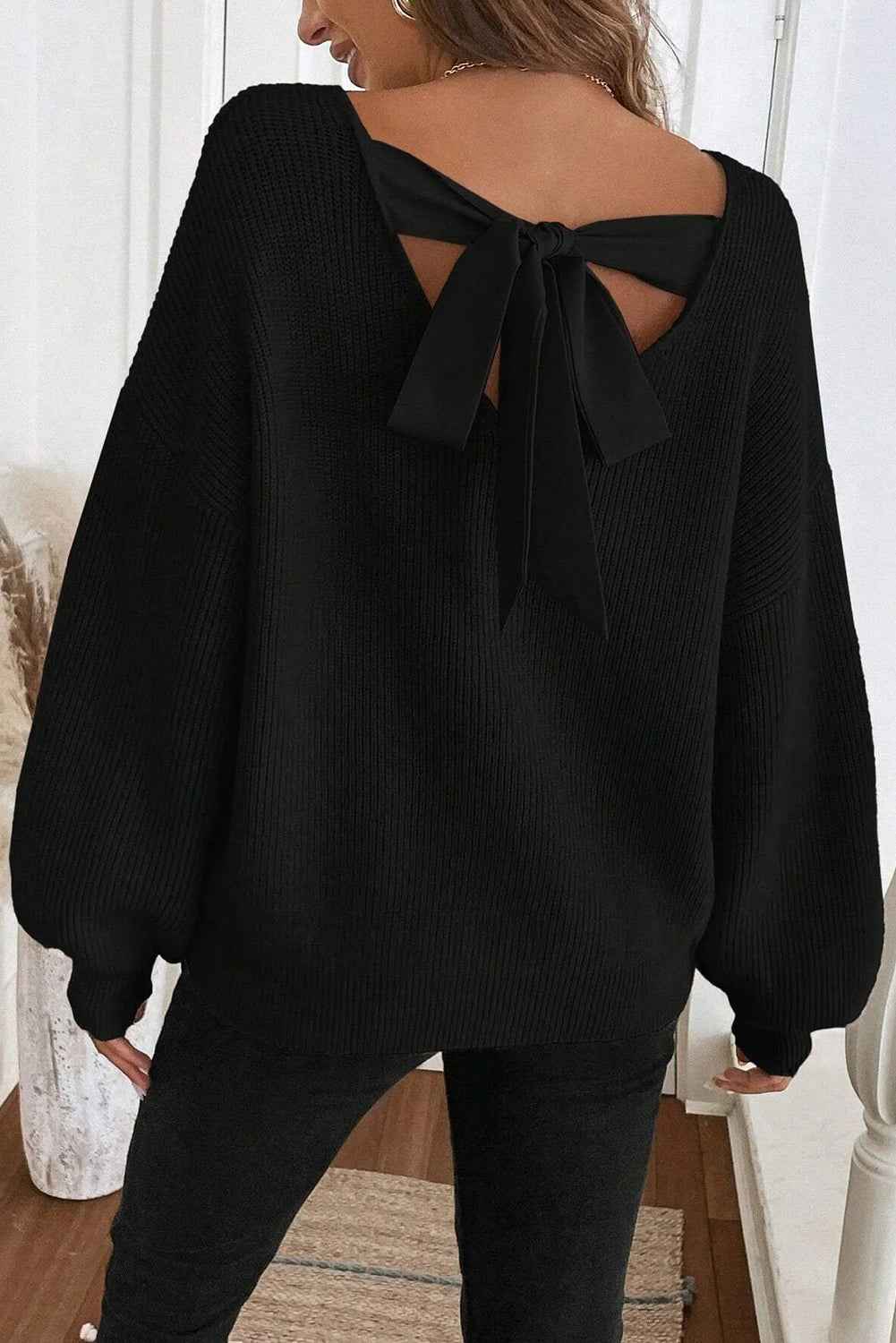 Red Dahlia Ribbed Knit Ribbon Knot Backless Drop Shoulder Sweater Black 52%Viscose+26%Polyester+22%Polyamide 239b40d3bcecbb48