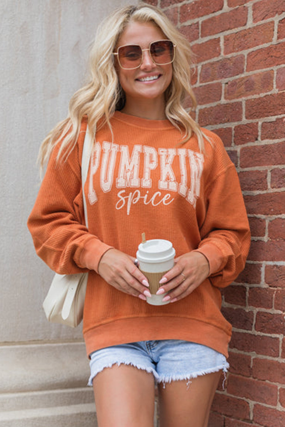 Orange Crinkle Ribbed PUMPKIN Spice Graphic Crewneck Sweatshirt 23a2a1e8f6227257