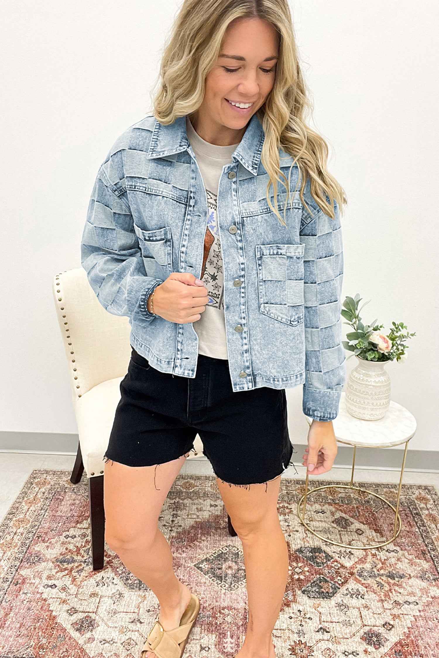 Beau Blue Denim Checkered Pattern Patchwork Womens Casual Jacket 23a95d89de305d31