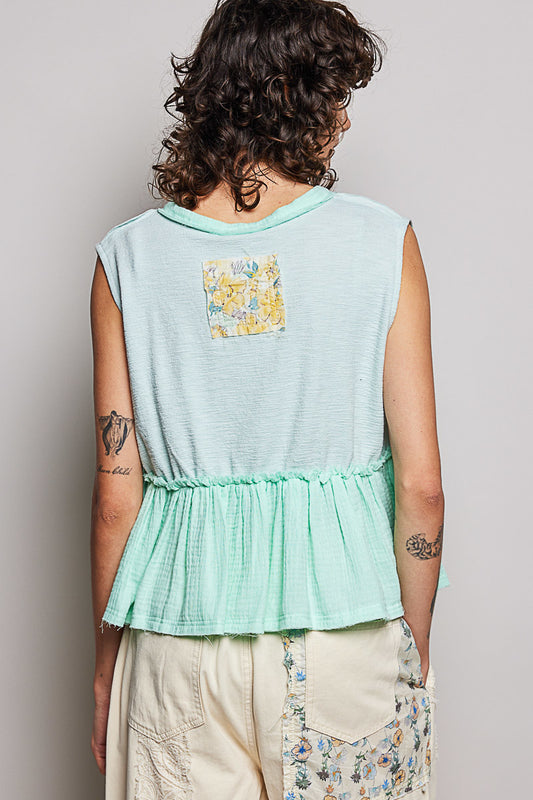 Floral Patch Ruffled Sleeveless Top with Raw Edge Detail 23a9a0e8-1f5e-4d79-a699-a912b72b9489-Max