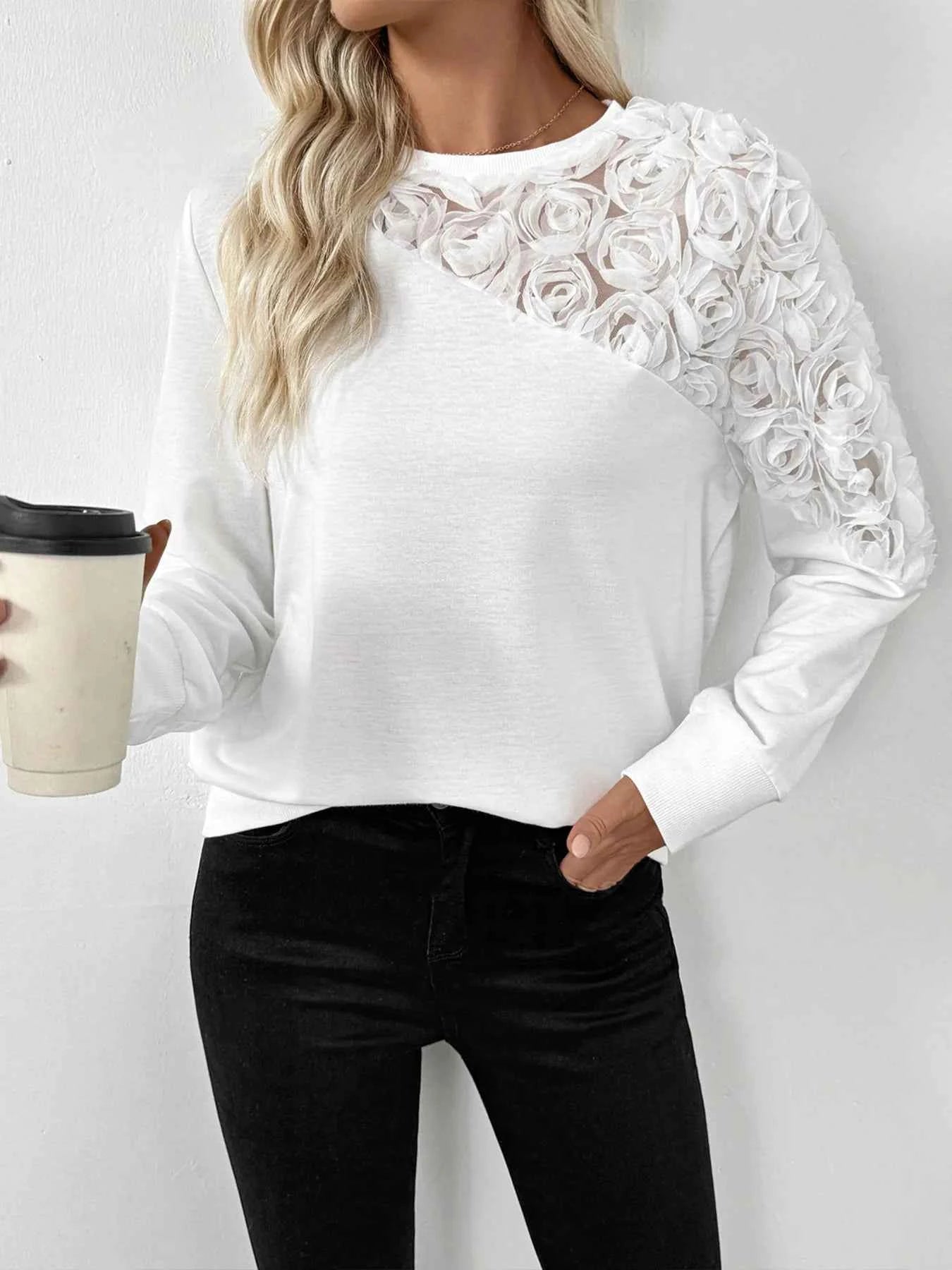 Rose Embroidered Long Sleeve Sweatshirt White 23bee61a0b174230854aa85fe7108fc8-Max-Origin