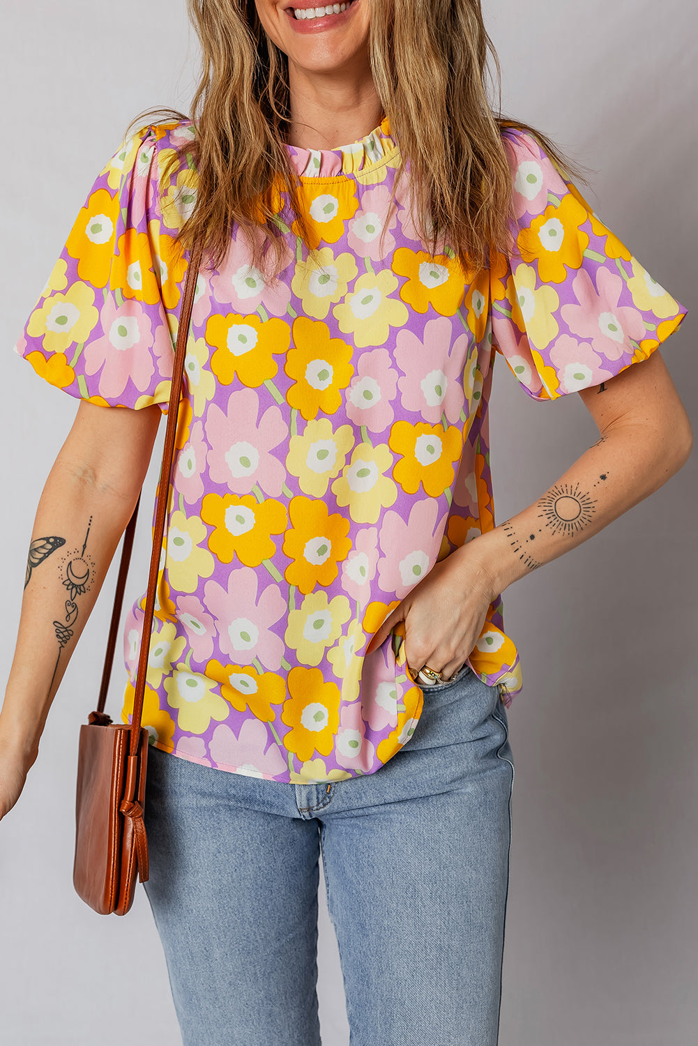 Purple Frilled Neck Puff Short Sleeve Flower Top 23bff12b22d25091