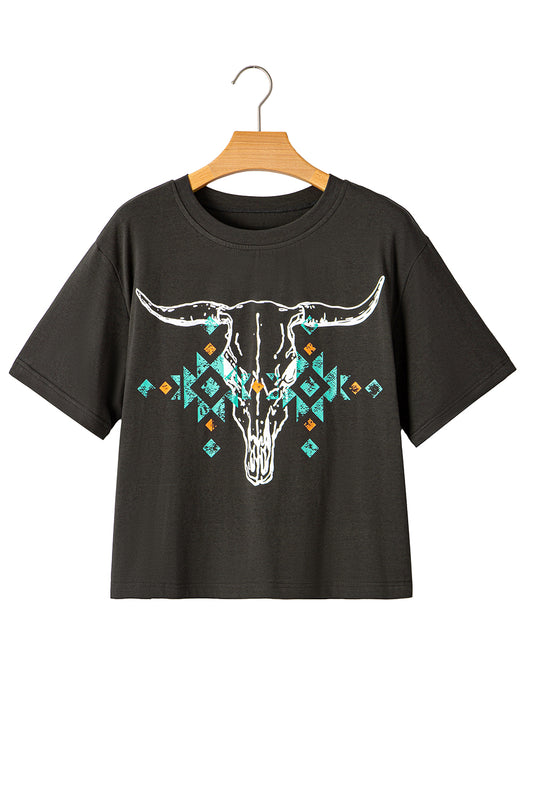 Carbon Grey Vintage Bull Head Skull Turquoise Geometric Graphic T Shirt 23c1179b88226f33