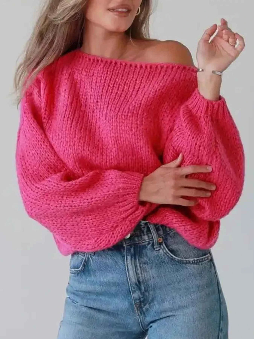 Chunky Knit Boat Neck Sweater Hot Pink One Size 23c2de41206942b7bf7bea17690f303f-Max-Origin
