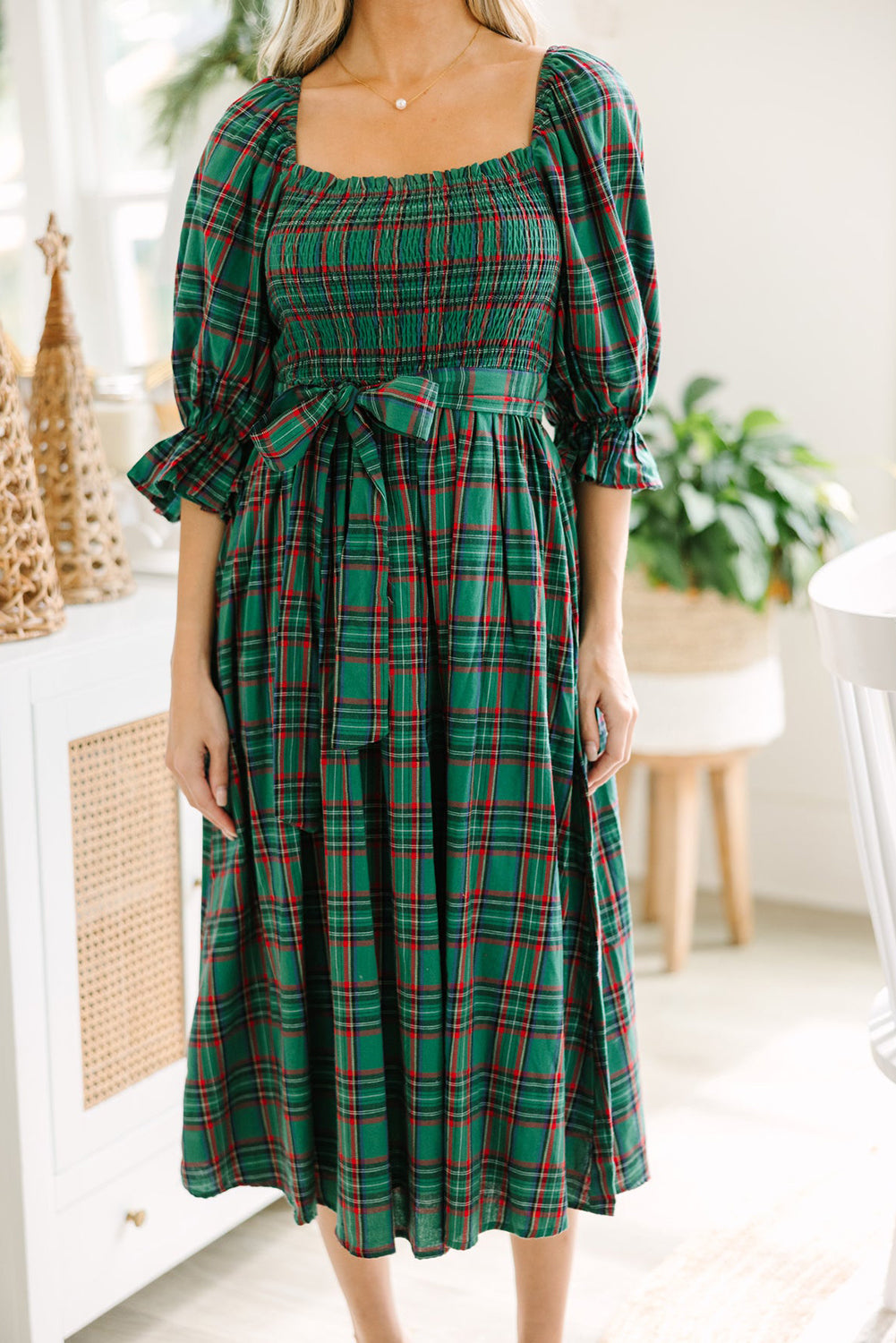 Green Plaid Square Neck Puff Sleeve Bowknot Waist Flared Midi Dress 23c5ecb253aada6e