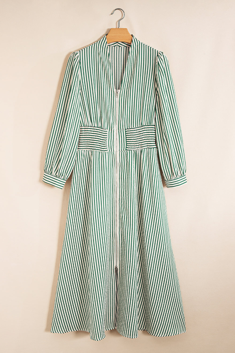 Green Striped V Neck Zip Front Cinched High Waist Midi Dress 23cc8f6b1b77a19b