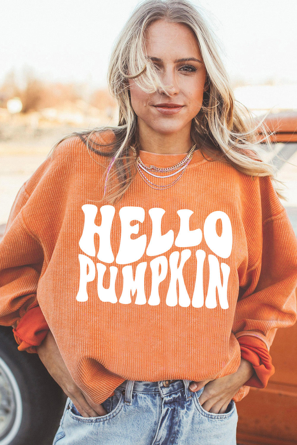 Orange HELLO PUMPKIN Letter Graphic Corded Sweatshirt 23cf3dad3d827d8e