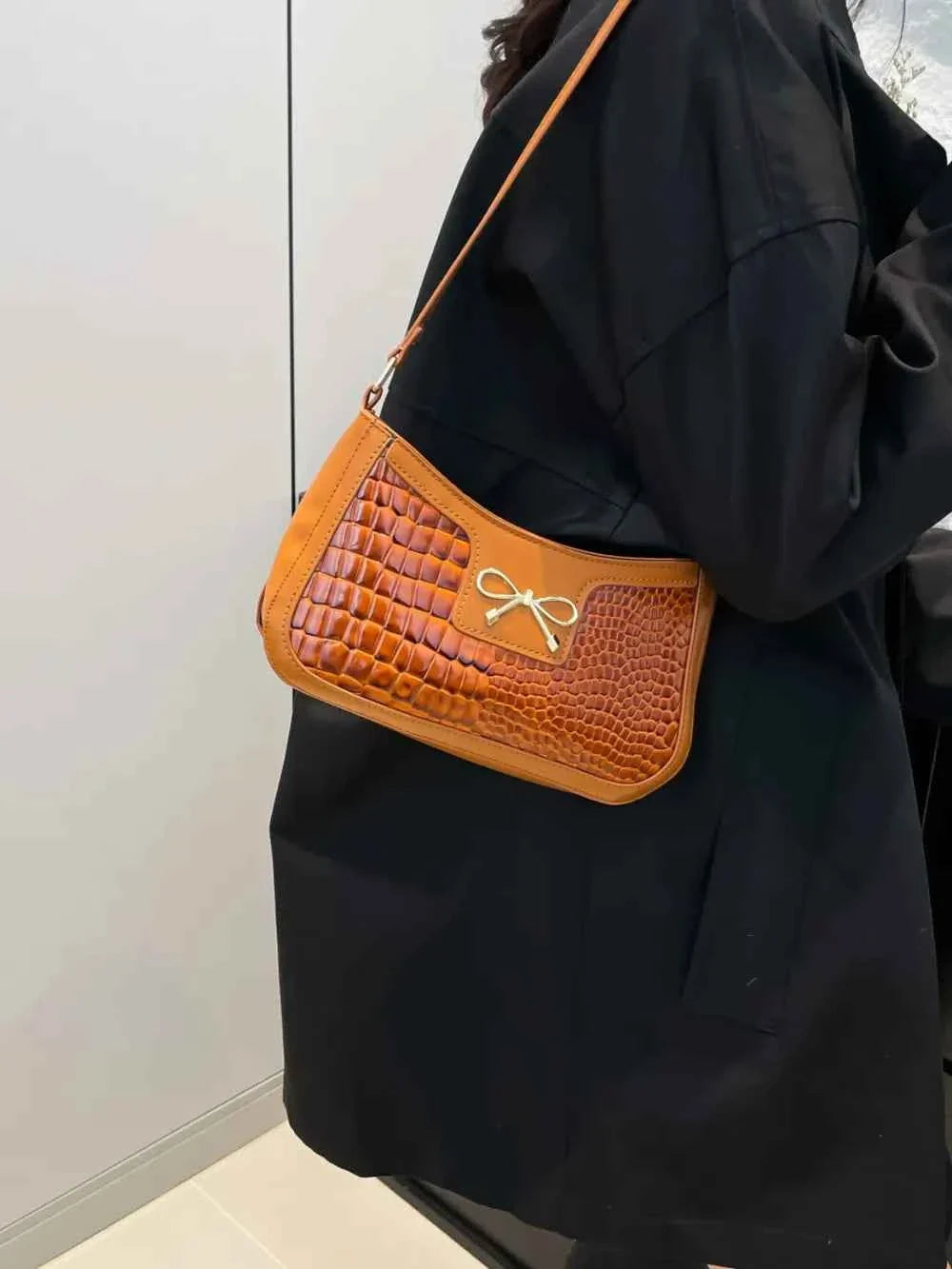 Crocodile Pattern Shoulder Bag with Bow Detail 23d2385b-6ff6-4cc7-9753-3b704e783b07-Max
