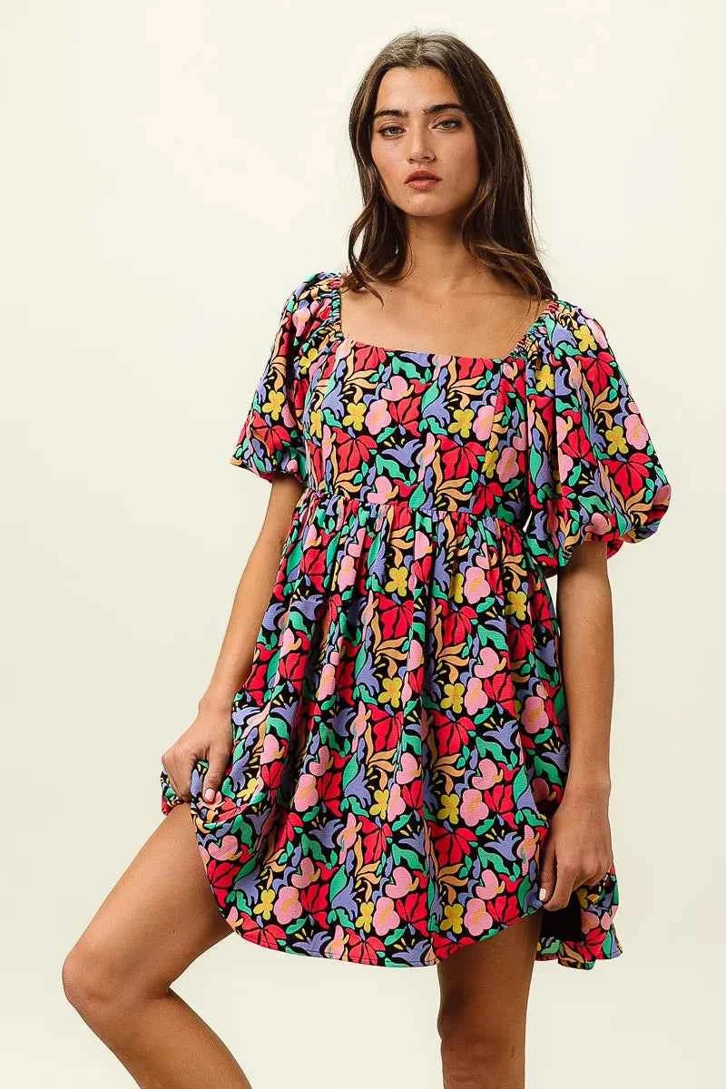 Floral Print Puff Square Neck Dress 23d6dce54d75496b8504263262946421-Max-Origin