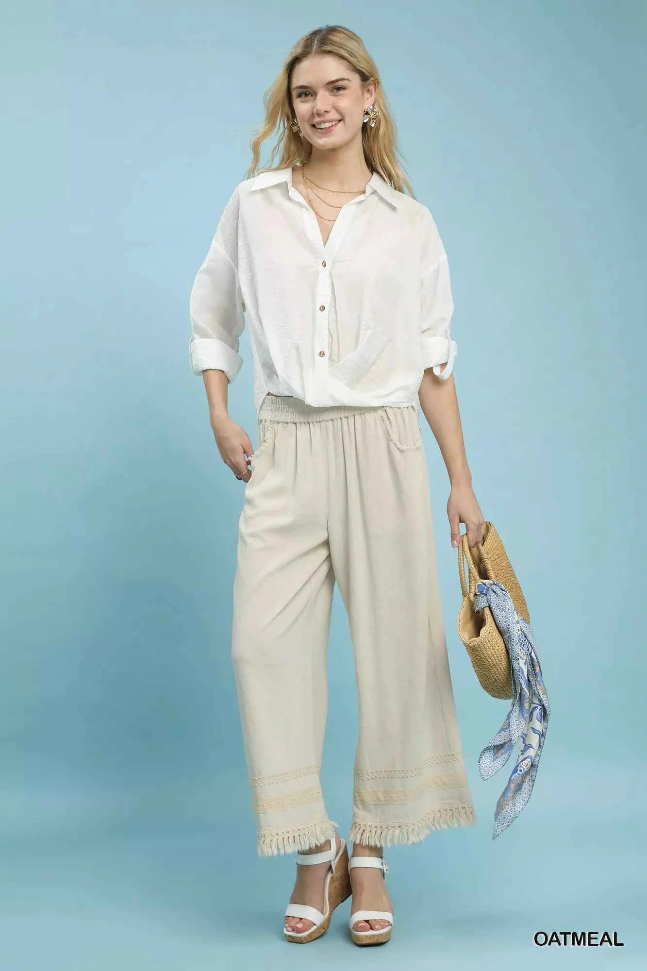 Umgee Lace Trim Fringe Hem Wide Leg Pants