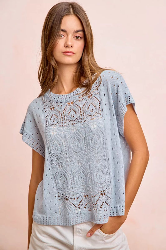 Washed Eyelet Short Sleeve Knit Top - Openwork Breathable Style 23edc6e5-2cb3-4fae-8162-04af8404e43e-Max-Origin