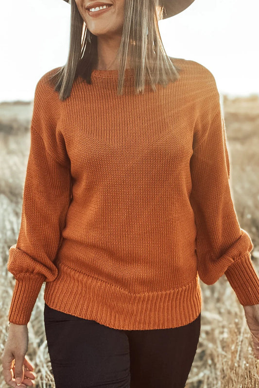 Gold Flame Solid Color Ribbed Trim Drop Shoulder Sweater Gold Flame 55%Acrylic+45%Cotton 23ee611bbe701b6d