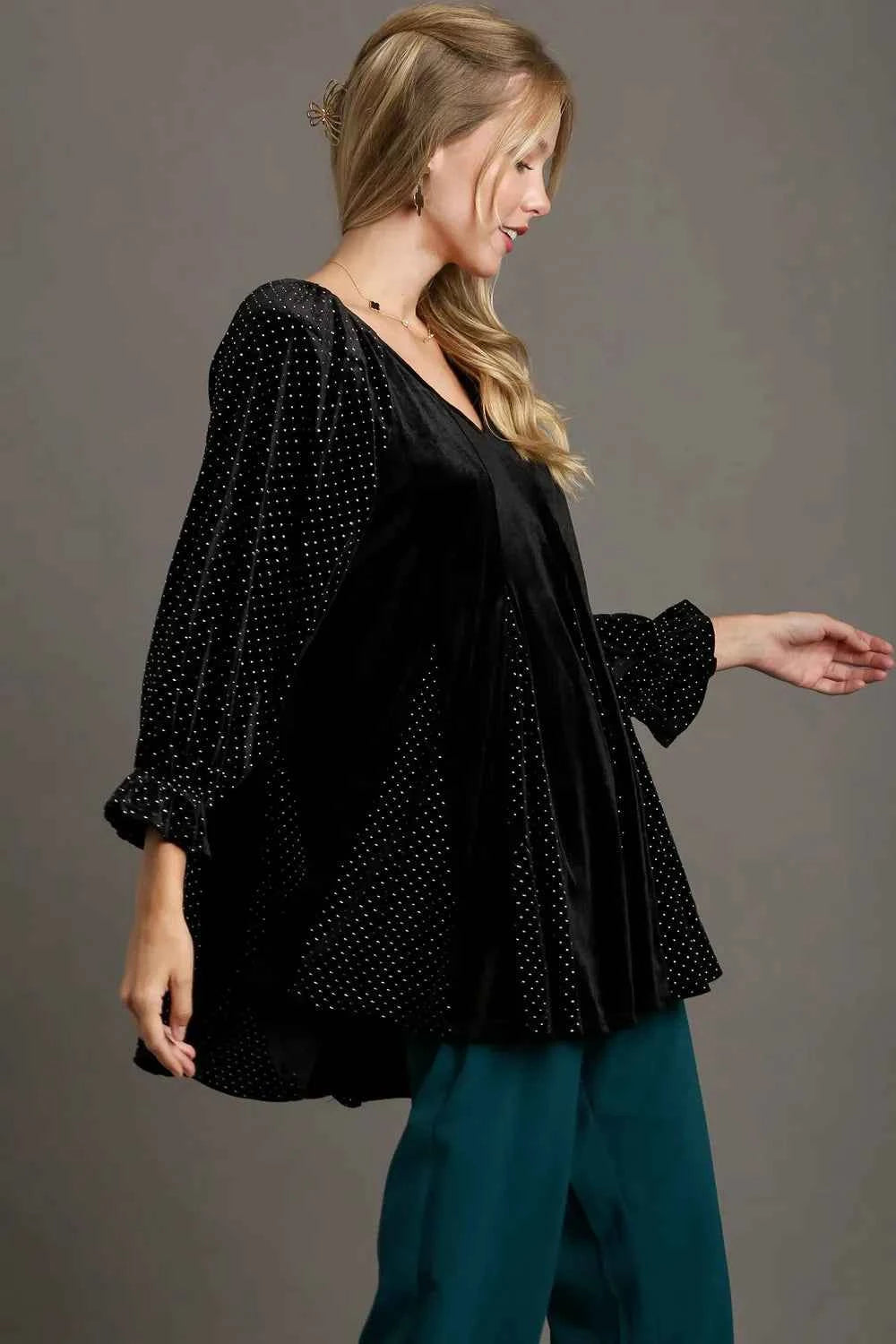 Umgee Godet Hem Polka Dot V-Neck Blouse 23ef2cc6-e207-493b-ae5a-63fc2345d650-Max