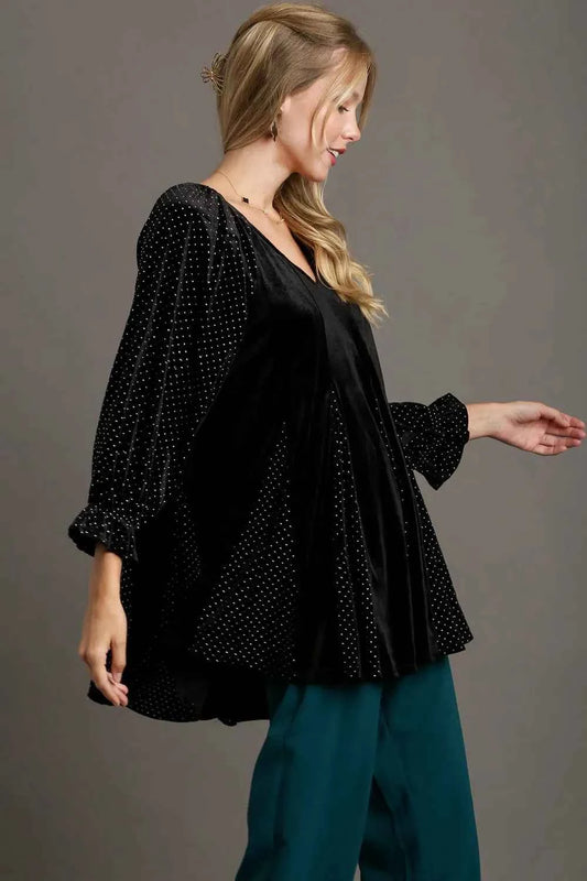 Godet Hem Polka Dot V-Neck Blouse 23ef2cc6-e207-493b-ae5a-63fc2345d650-Max