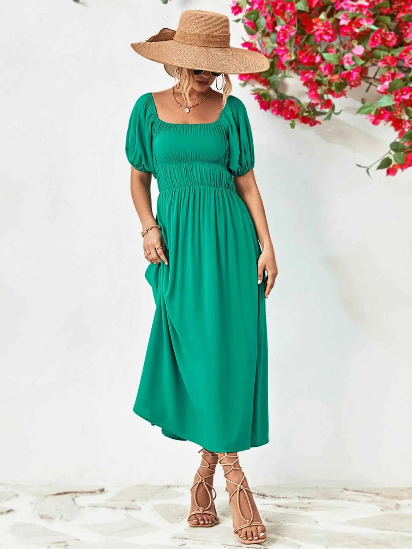 Off-Shoulder Puff Sleeve Smocked Maxi Dress Turquoise 23fa1a3b-0050-4cca-b135-16244f0322fa-Max-Origin