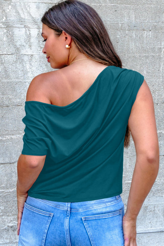 Blue Sapphire Plus Size Solid Color Asymmetric Neck Short Sleeve Blouse 23fcbf6d2e3cbb7c