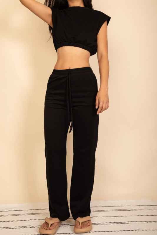 Elastic Hem Crop Top & Wide Leg Pants Set Black 24034687_6be794fe-7531-4e51-abdd-9fc0253a99bd