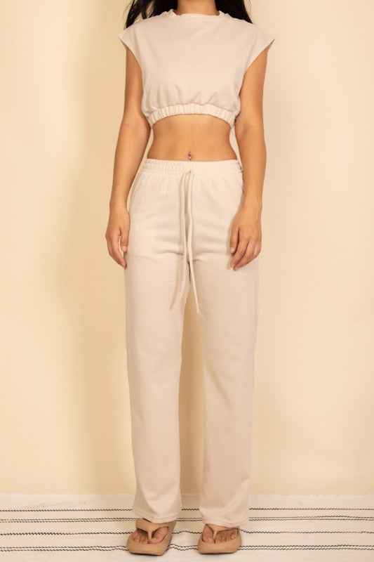 Elastic Hem Crop Top & Wide Leg Pants Set Sand Beige 24034687_fa86c1bc-32e7-46b6-8b2e-3ca0c0a2a125
