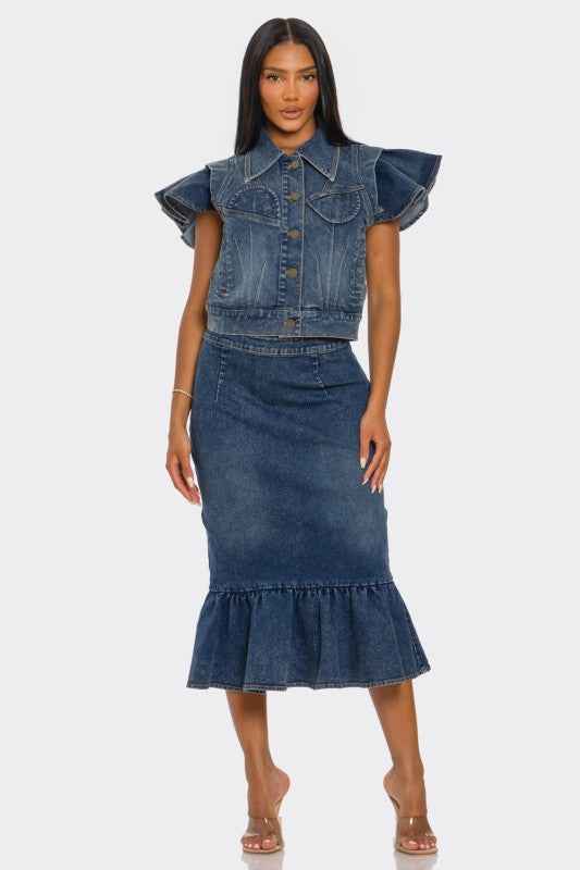 Ruffled Hem Denim Skirt Set DENIM 24037588_308ee590-087b-49e0-9424-3b13e757f6d4