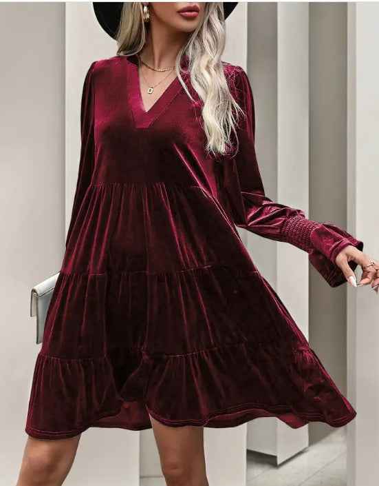Elegant Velvet Long Sleeve Solid Color Dress wine 24046220_984ad55c-7fd7-4370-b85e-8328fd8b32aa
