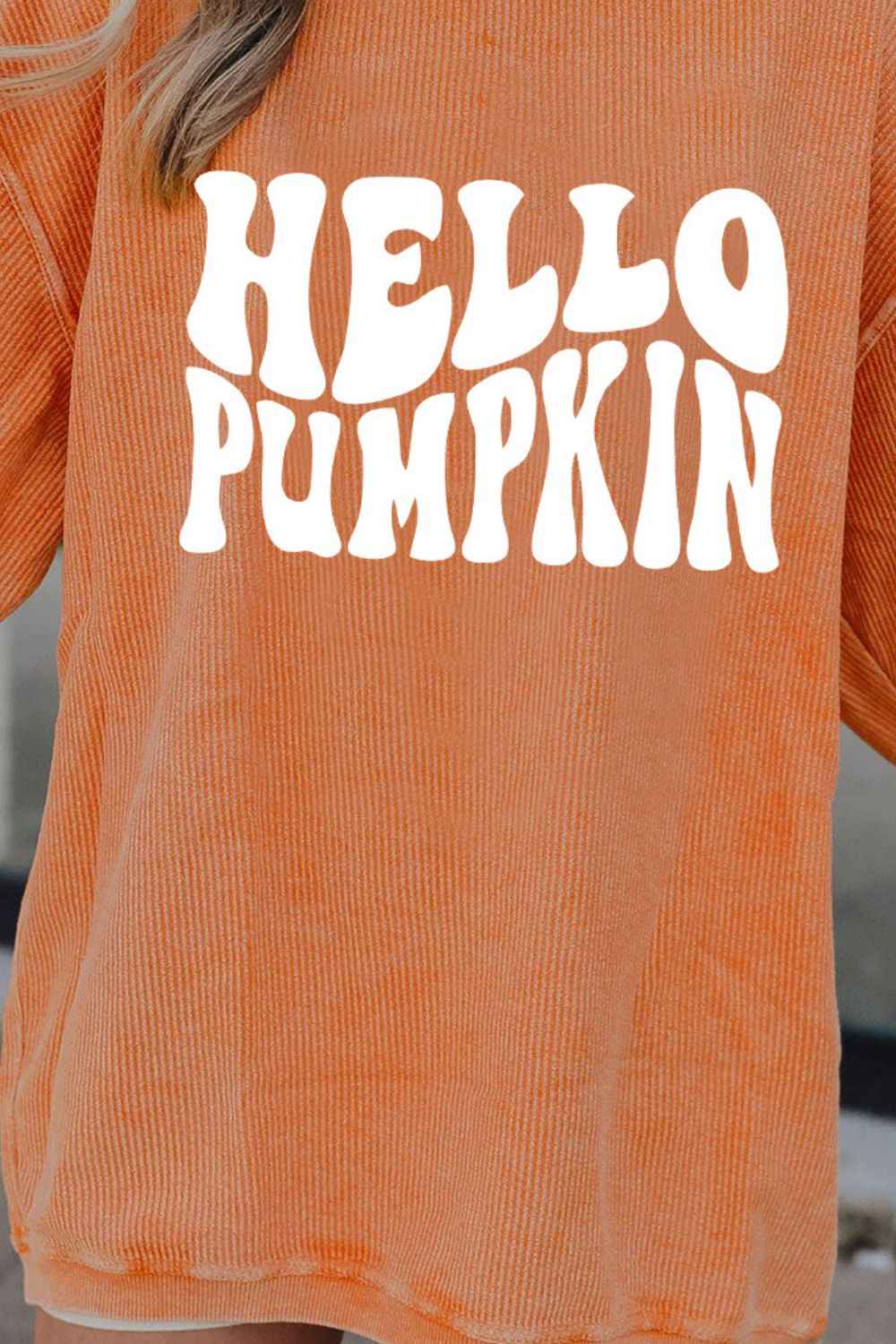 Round Neck Dropped Shoulder HELLO PUMPKIN Graphic Sweatshirt 2404b9b54bb6470ea9cf7f576bfe133b-Max