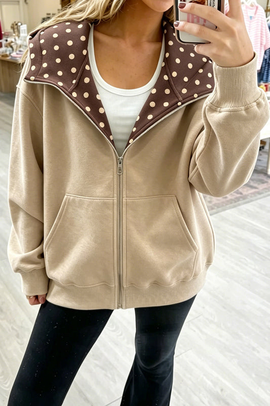 Beau Blue ka Dot Hooded Zip-Up Sweatshirt Parchment 65%Polyester+35%Cotton 2408f65e4e0bdd77