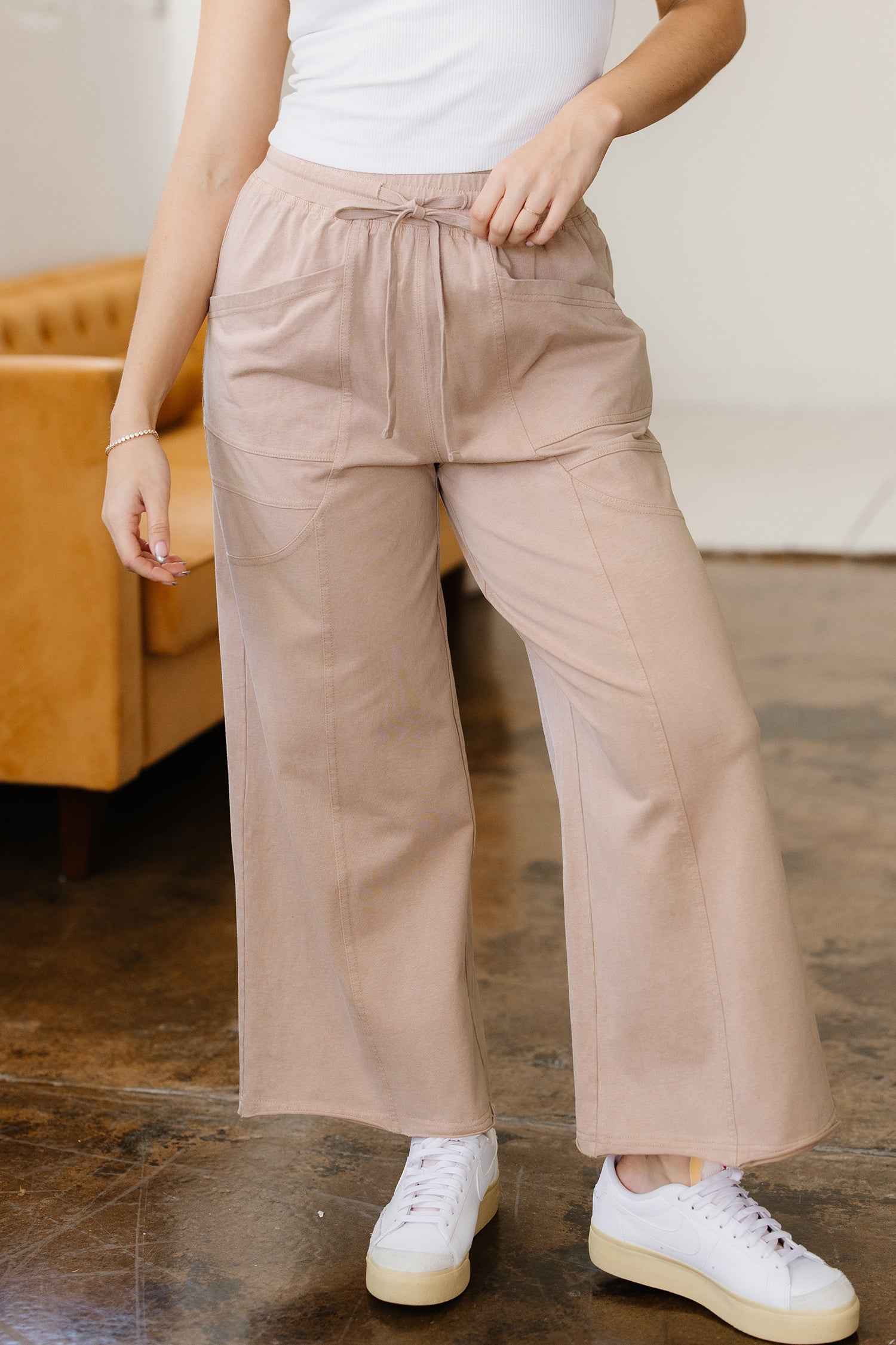 Smoke Gray Solid Color Mineral Wash Piping Trim Pocketed Wide Leg Pants 240bfe5467dff1b8