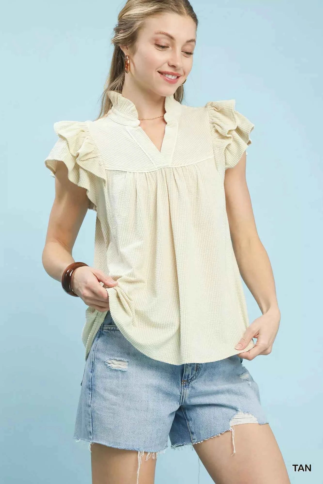 Umgee Ruffled Sleeve Textured Blouse 2410f883-d857-4159-9257-8c08de5f5e06-Max-Origin