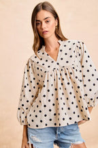 BiBi Polka Dot Corduroy Quarter Sleeves V Neck Blouse 241690dcb4484b678db9508f0a33ca65-Max-Origin