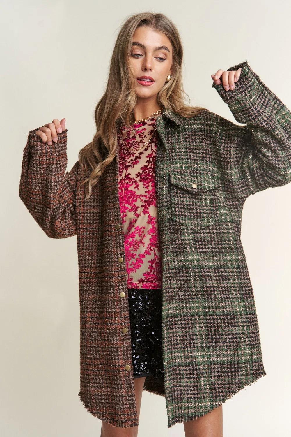 J.NNA Snap Down Tweed Plaid Contrast Longline Shacket Misty Forest 241a11c8-f0c7-4845-b544-33bc02e801b3-Max