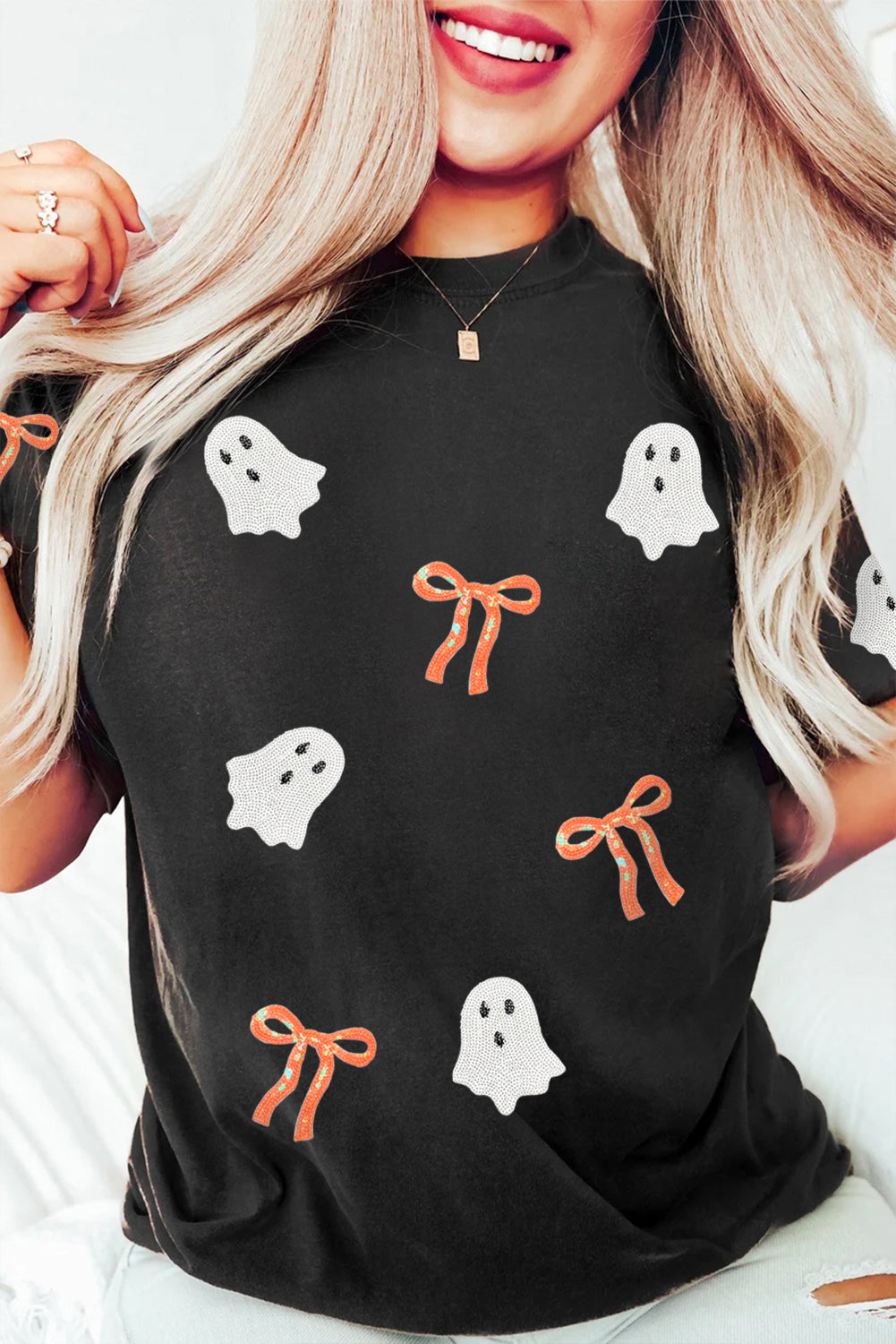 Black Bow Ghost Sequin Patched Halloween Graphic Tee 241b52538a58247f