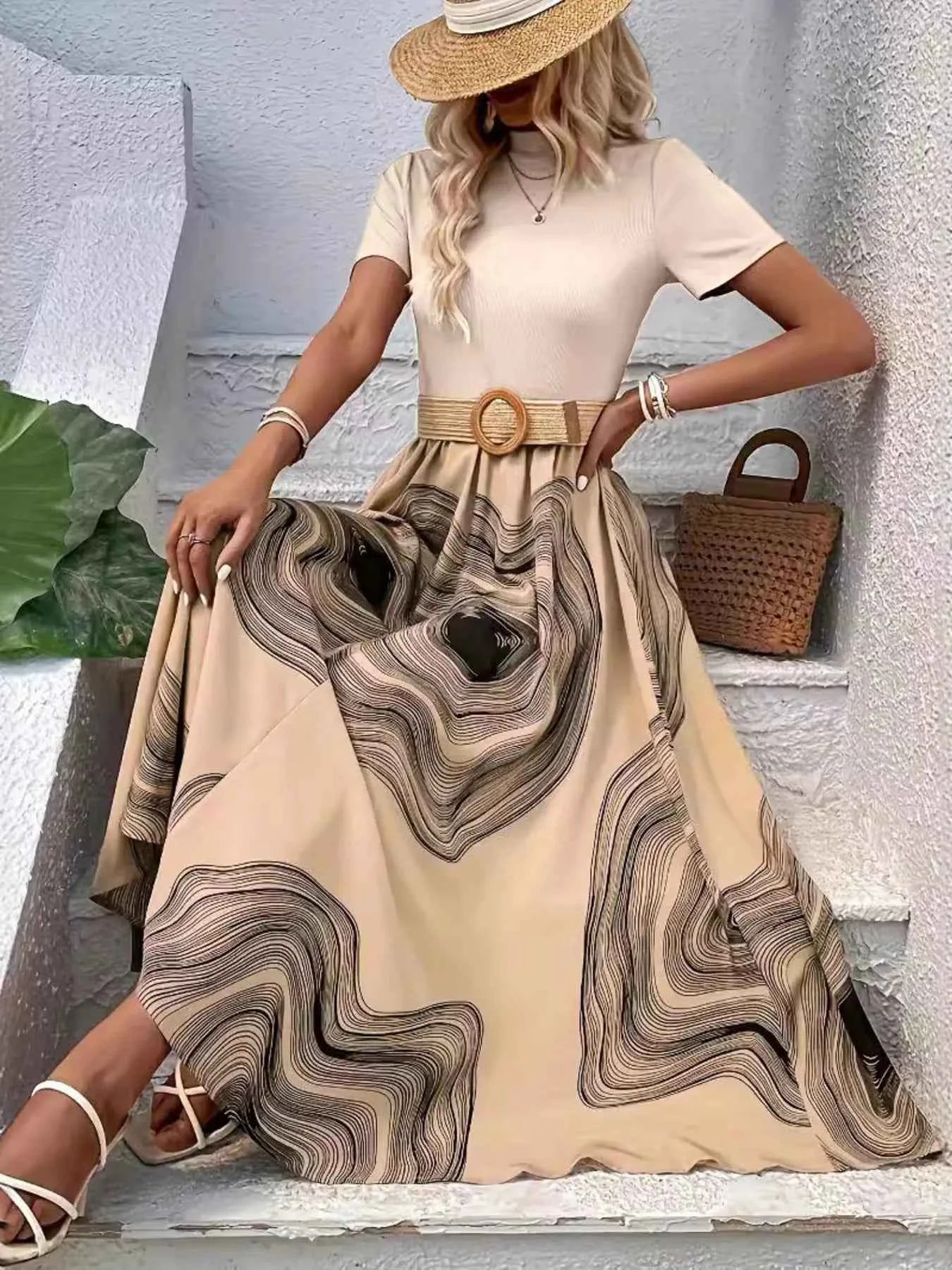 Printed Round Neck Short Sleeve Dress 241d1939d380462aac83cbb52b5ba02d-Max-Origin