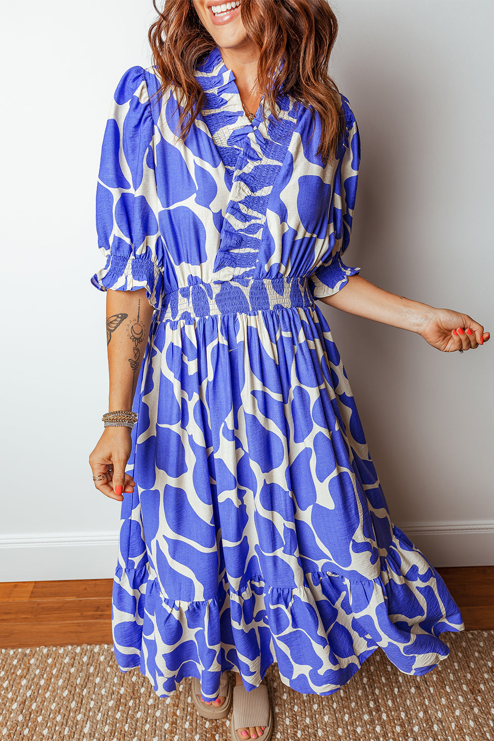 Sky Blue Abstract Print Smocked Waist Puff Half Sleeve Maxi Dress 2423cfe3a5f76c98