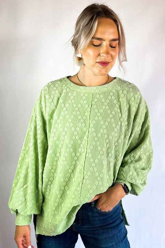 Solid Color Textured Side Split Crew Neck Blouse 24264704_32290a9e-aa4a-4215-99b9-0258fb84cd6c