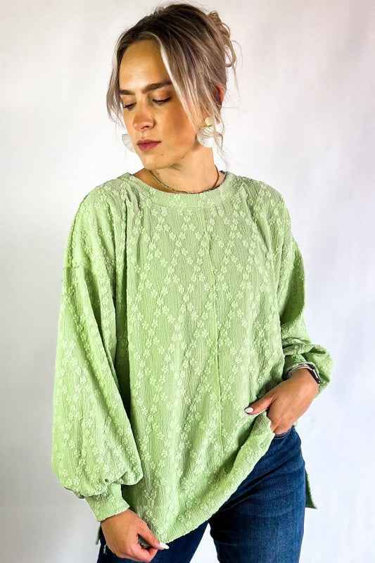 Solid Color Textured Side Split Crew Neck Blouse 24264704_72aaa005-05c3-48de-9fdb-df9ff457b62f