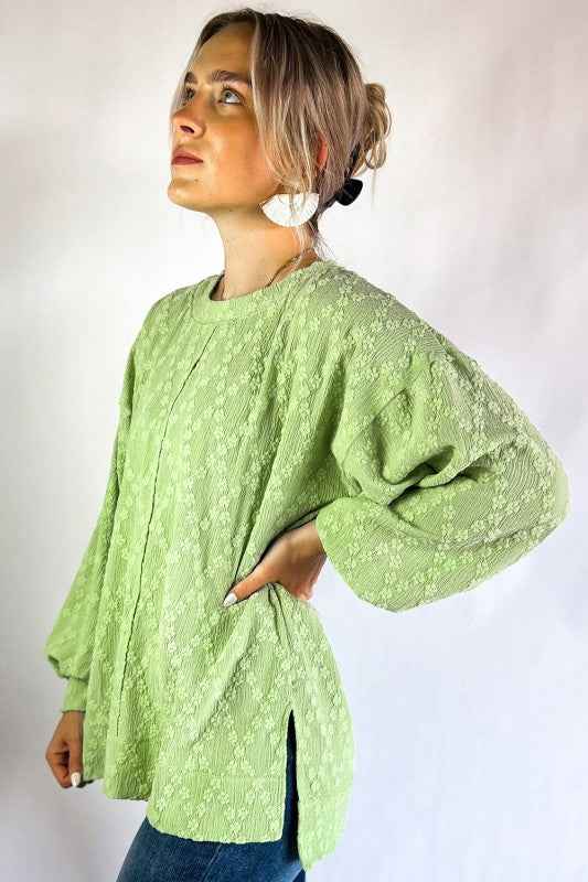 Solid Color Textured Side Split Crew Neck Blouse 24264704_c604fc1b-dd4a-464b-be1c-cc031ef30546