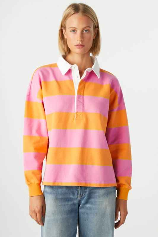 Yellow Stripe Color Block Polo Collar Sweatshirt 24264715_1c71beb7-b32c-4a07-b669-a75d0c3af823