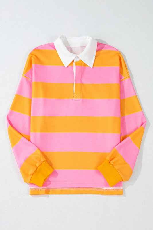 Yellow Stripe Color Block Polo Collar Sweatshirt 24264715_8a0f61fe-82dc-4d7c-aa84-28746163c525