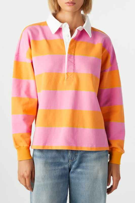 Yellow Stripe Color Block Polo Collar Sweatshirt Orange 24264715_8c9328df-f44f-40fe-9c0a-815b7f6d959b
