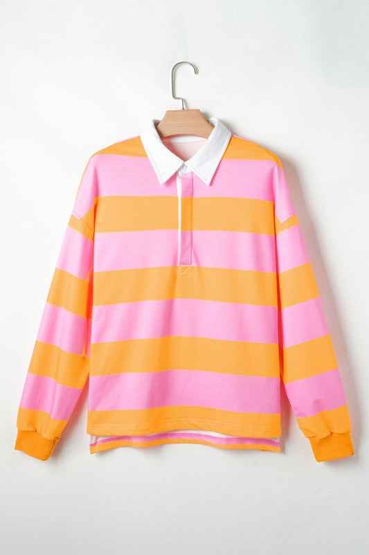 Yellow Stripe Color Block Polo Collar Sweatshirt 24264715_a15e815f-21e2-4df7-99a5-f0d4b5dc9286