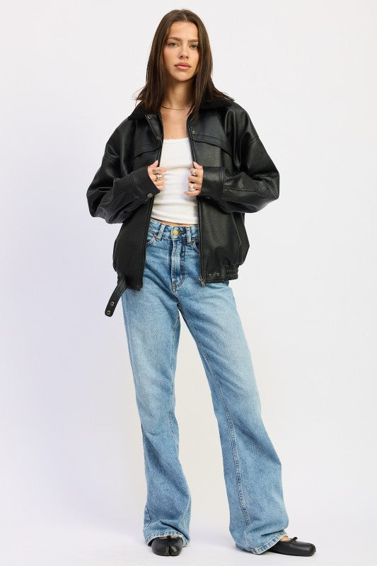 Shearling collar vegan leather jacket 24268860_12217407-692f-429a-8202-8ef3ba686974