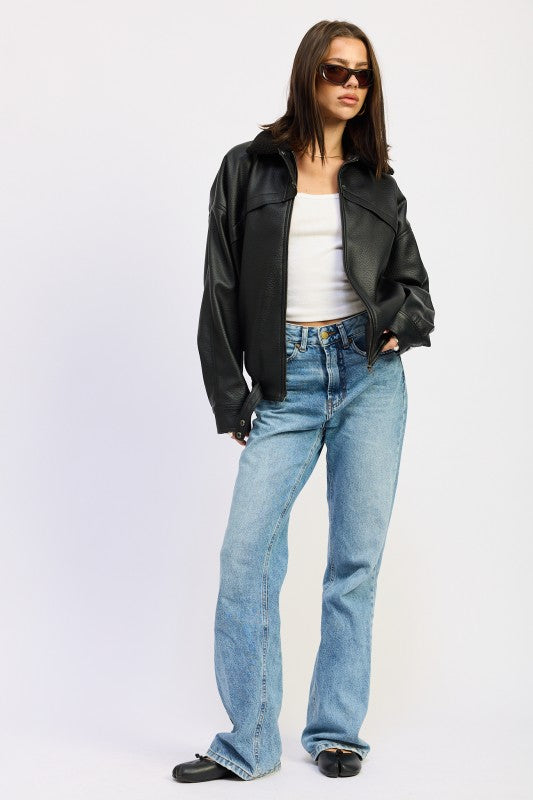 Shearling collar vegan leather jacket 24268860_132eeb8d-0570-4f78-8ff0-d8d19e558f1e