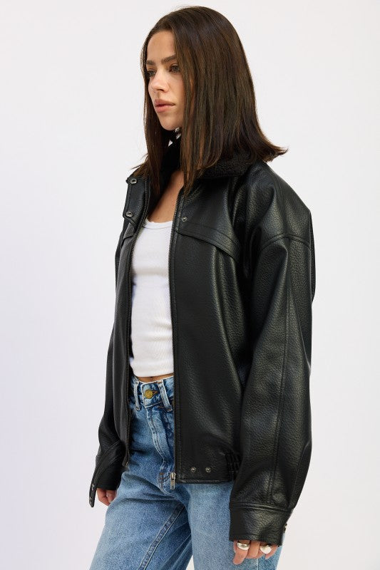 Shearling collar vegan leather jacket 24268860_503b599b-0f46-4ef0-a3cb-84d8c5068795