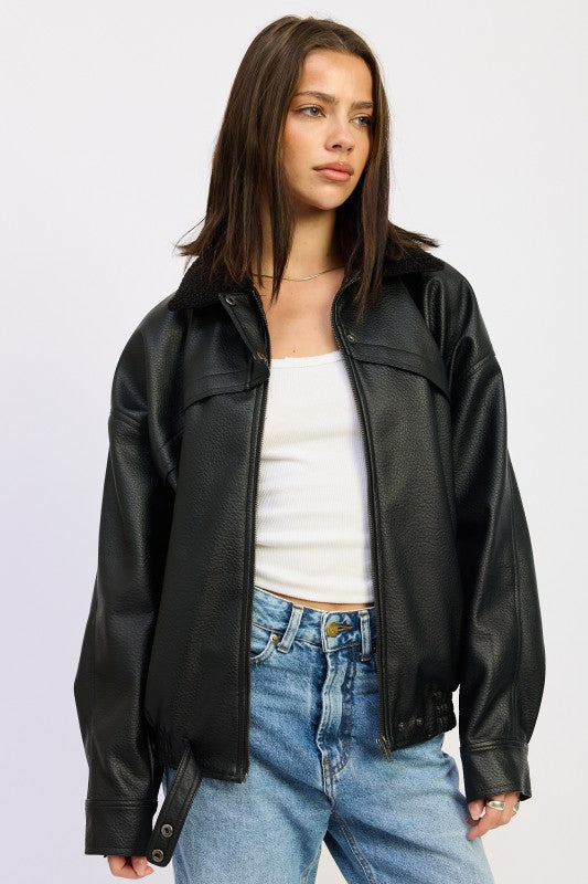 Shearling collar vegan leather jacket BLACK 24268860_c6b974b3-3b05-495e-893c-ae2cb864bad1