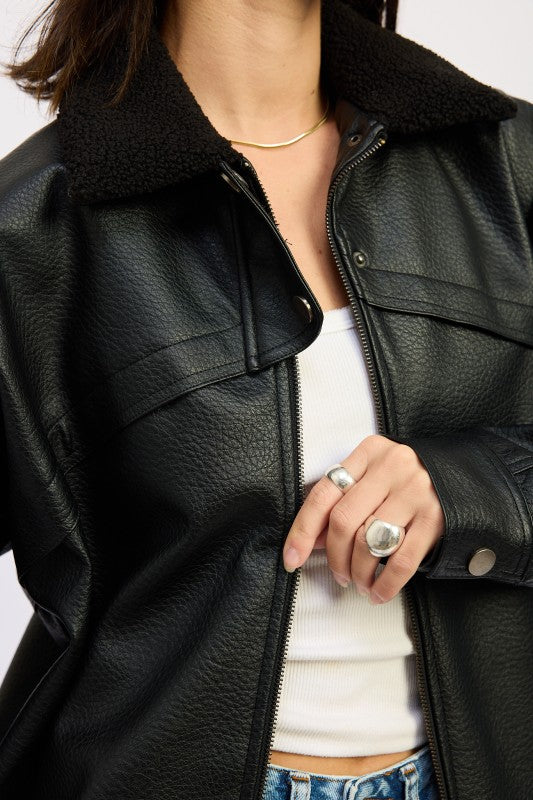 Shearling collar vegan leather jacket 24268860_f202a06b-18c9-47c5-a8e1-963c7c924c97