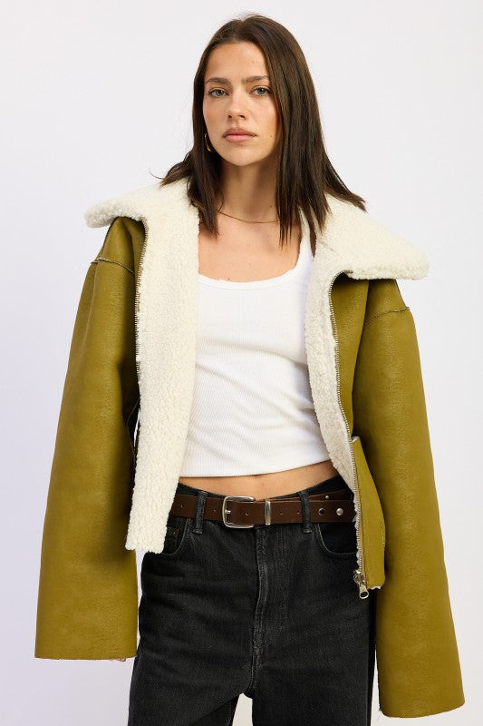 Reversible suede shearling jacket OLIVE 24268929_84818341-69dd-4d04-9bf4-96563ba45085