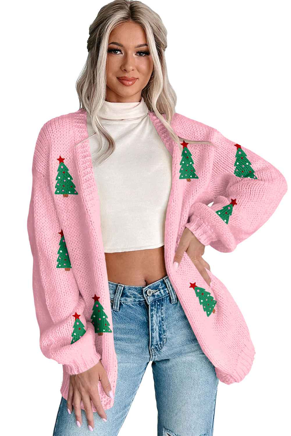 Light Pink Christmas Tree Print Open Front Drop Shoulder Knit Cardigan 242775b1cd5e48ea