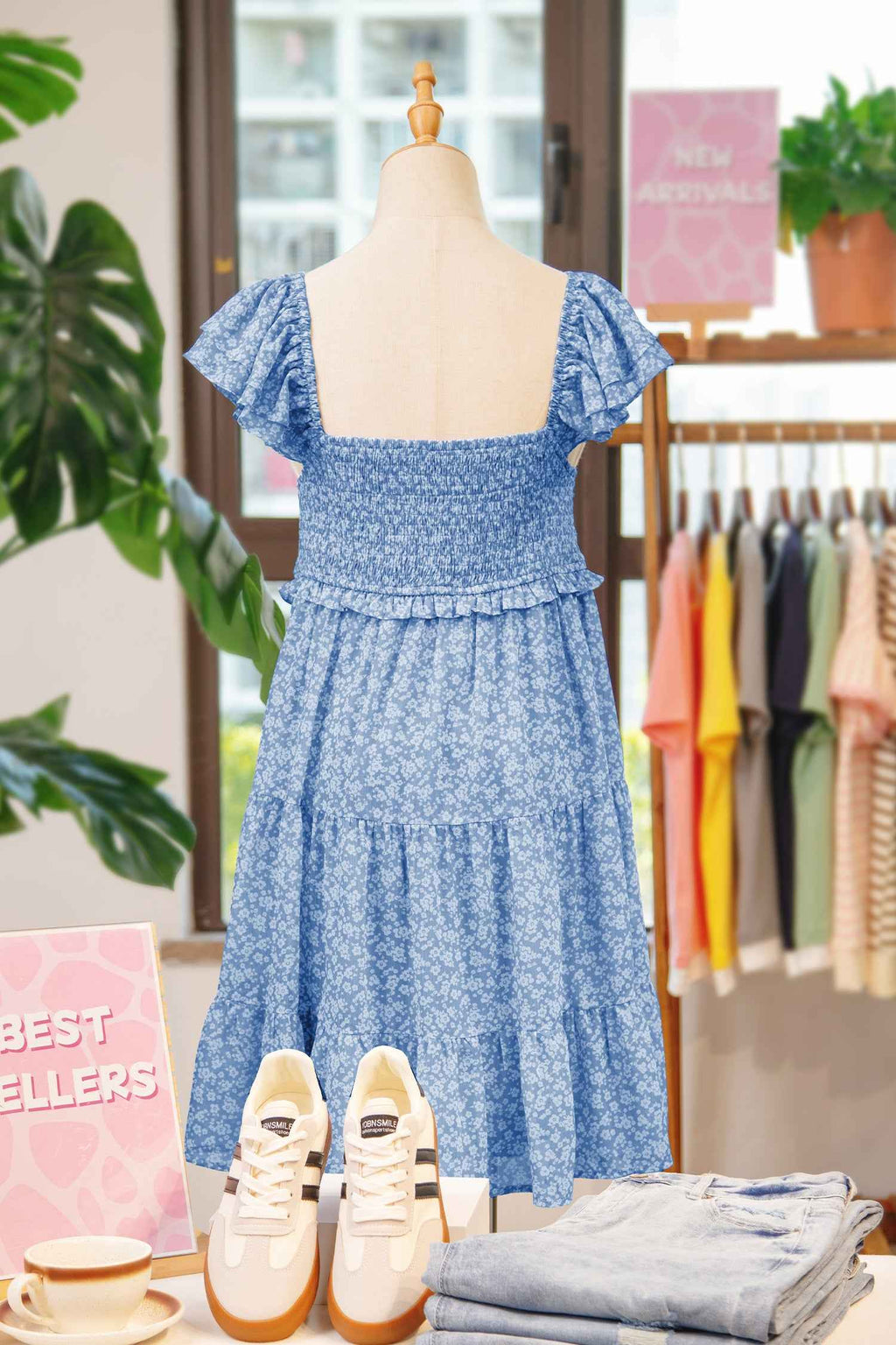 Sky Blue Floral Print Square Neck Flutter Sleeve Smocked Tiered Mini Dress 242b4e32da2597f1