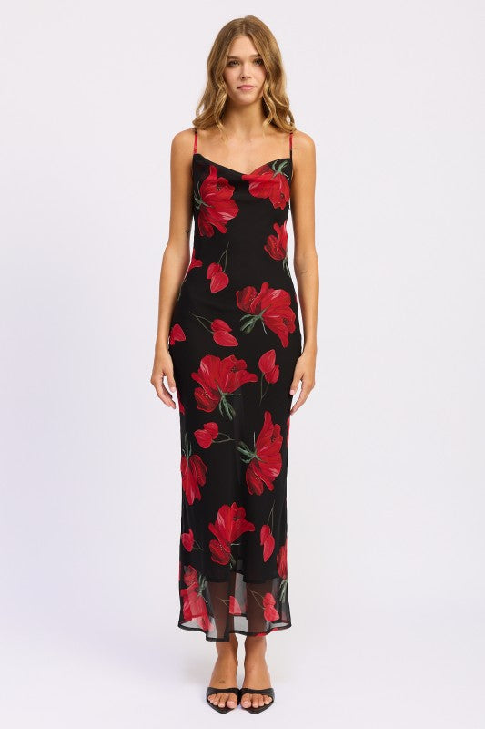Floral printed cowl neck maxi dress BLACK RED 24310984_cdee2469-40b3-4b9c-a03f-6aadec5d7042